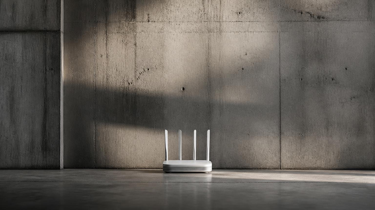 Neutraler weißer WLAN-Router steht auf dem Boden vor einer massiven Sichtbetonwand