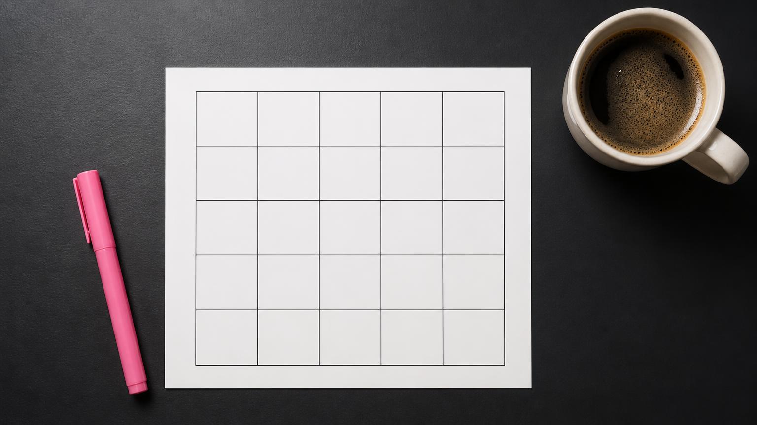 Leere Bingokarte mit 5x5-Raster, pinker Stift und Kaffeetasse auf einem dunklen Tisch