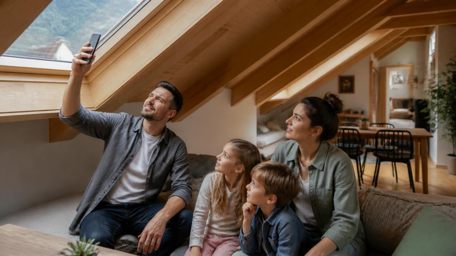 Familie sitzt im Dachgeschoss unter einer Holzschräge, eine Person hält das Smartphone hoch Richtung Dachfenster