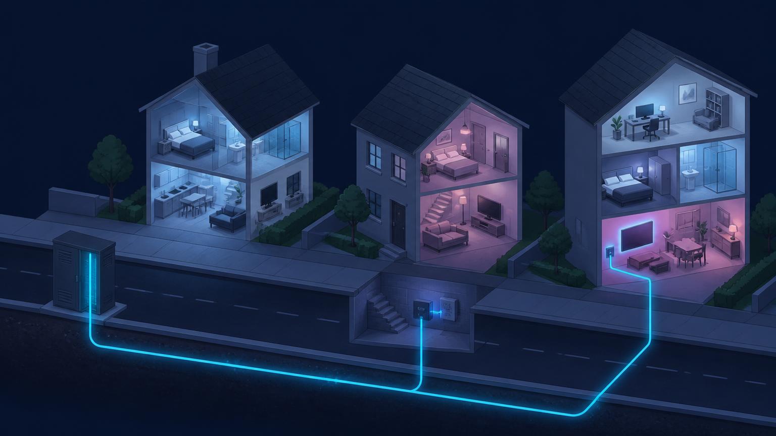 Isometrische Illustration einer Straße mit drei Häusern, in der die Glasfaserleitung an drei unterschiedlichen Punkten endet