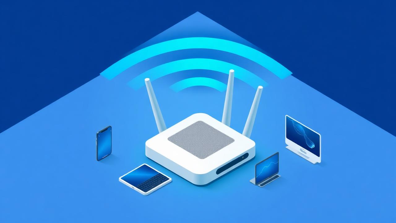 Moderner WLAN-Router mit Signalwellen, umgeben von Smartphone, Tablet, Laptop und Smart-TV
