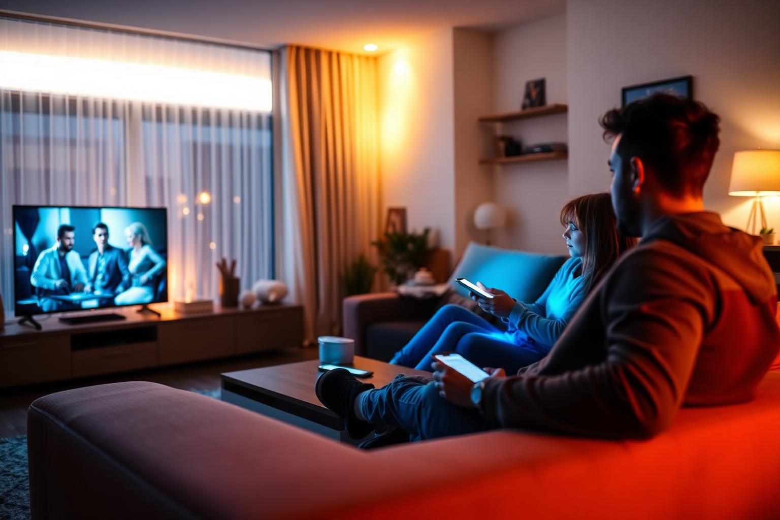 Familie im warm beleuchteten Wohnzimmer am Abend mit Fernseher, Laptop und Smartphones – Symbol für hohe WLAN-Nutzung