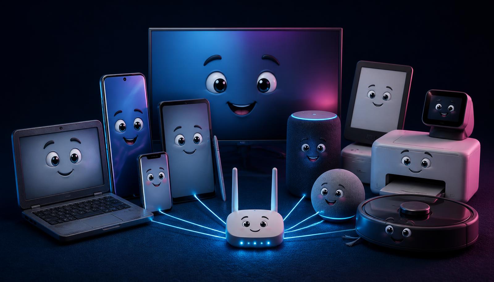 Illustration vieler Geräte wie Familienmitglieder um einen Router herum, verbunden durch leuchtende Linien