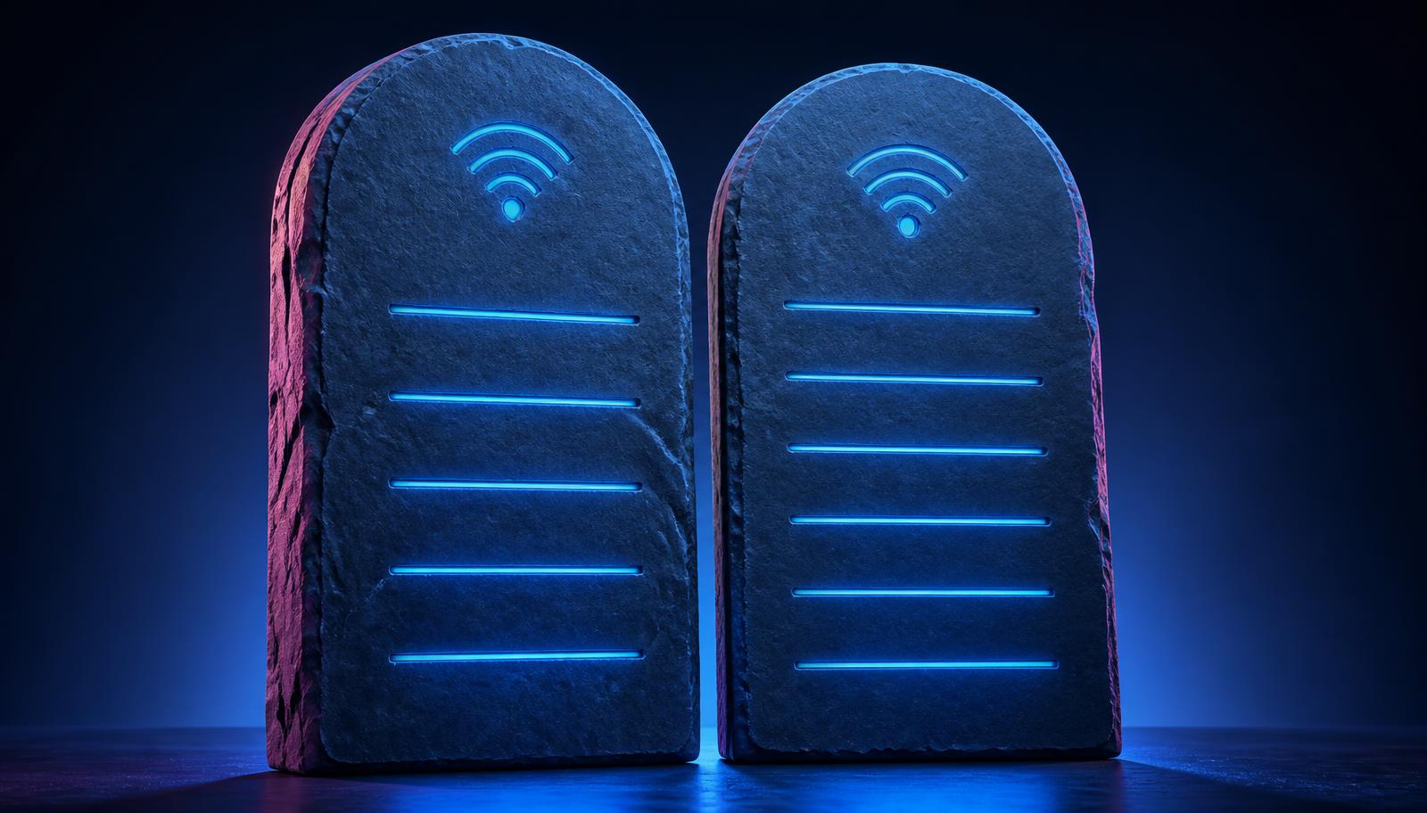 Zwei moderne Steintafeln mit leuchtenden blauen Linien und WLAN-Symbol als Sinnbild für die sieben WLAN-Gebote