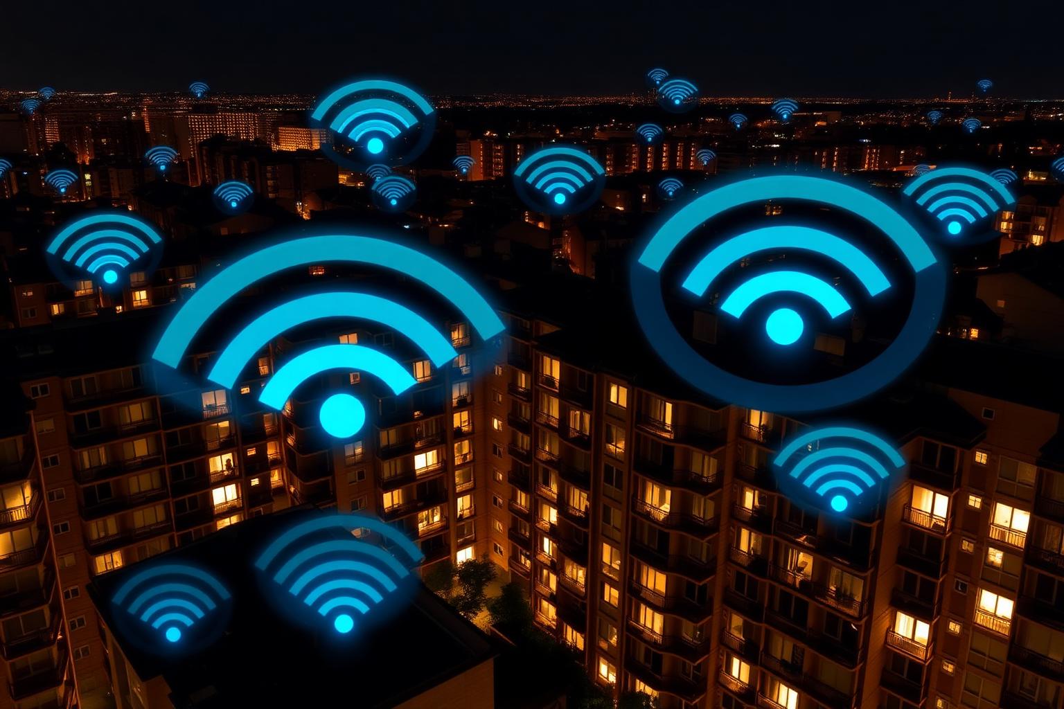 Nächtliche Wohnhäuser mit überlagernden WLAN-Signalen aus vielen Wohnungen