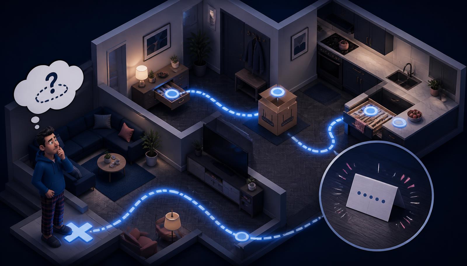 Isometrische Illustration einer Wohnung mit leuchtender Spur von der Schublade über den Routerkarton bis zum Passwortzettel