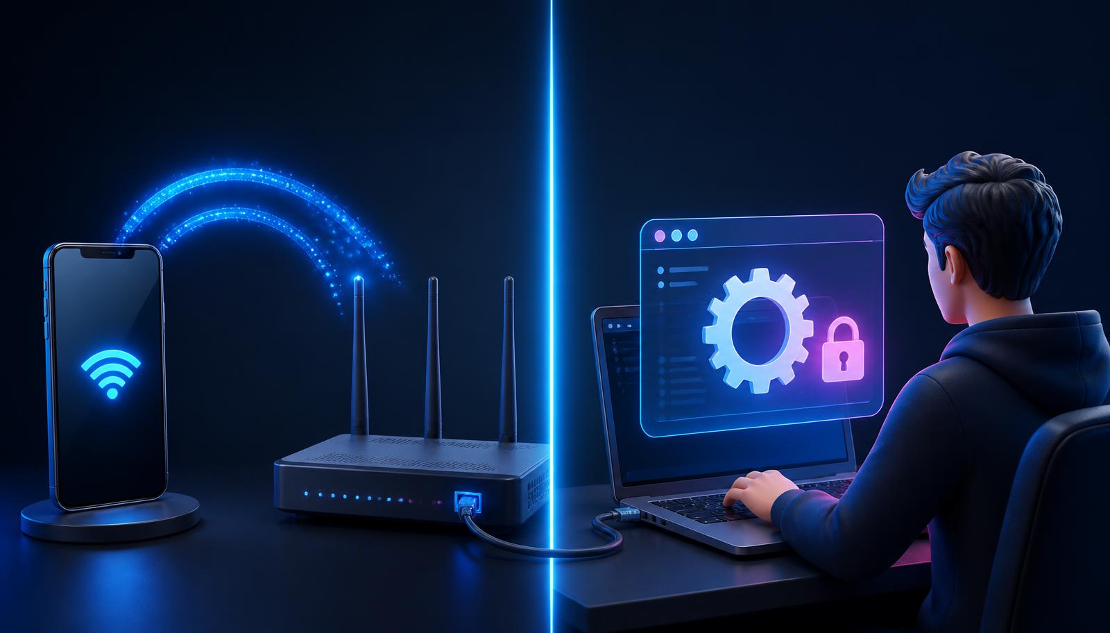Geteilte Illustration: links verbindet sich ein Smartphone per WLAN mit dem Router, rechts öffnet eine Person die Routereinstellungen am Laptop