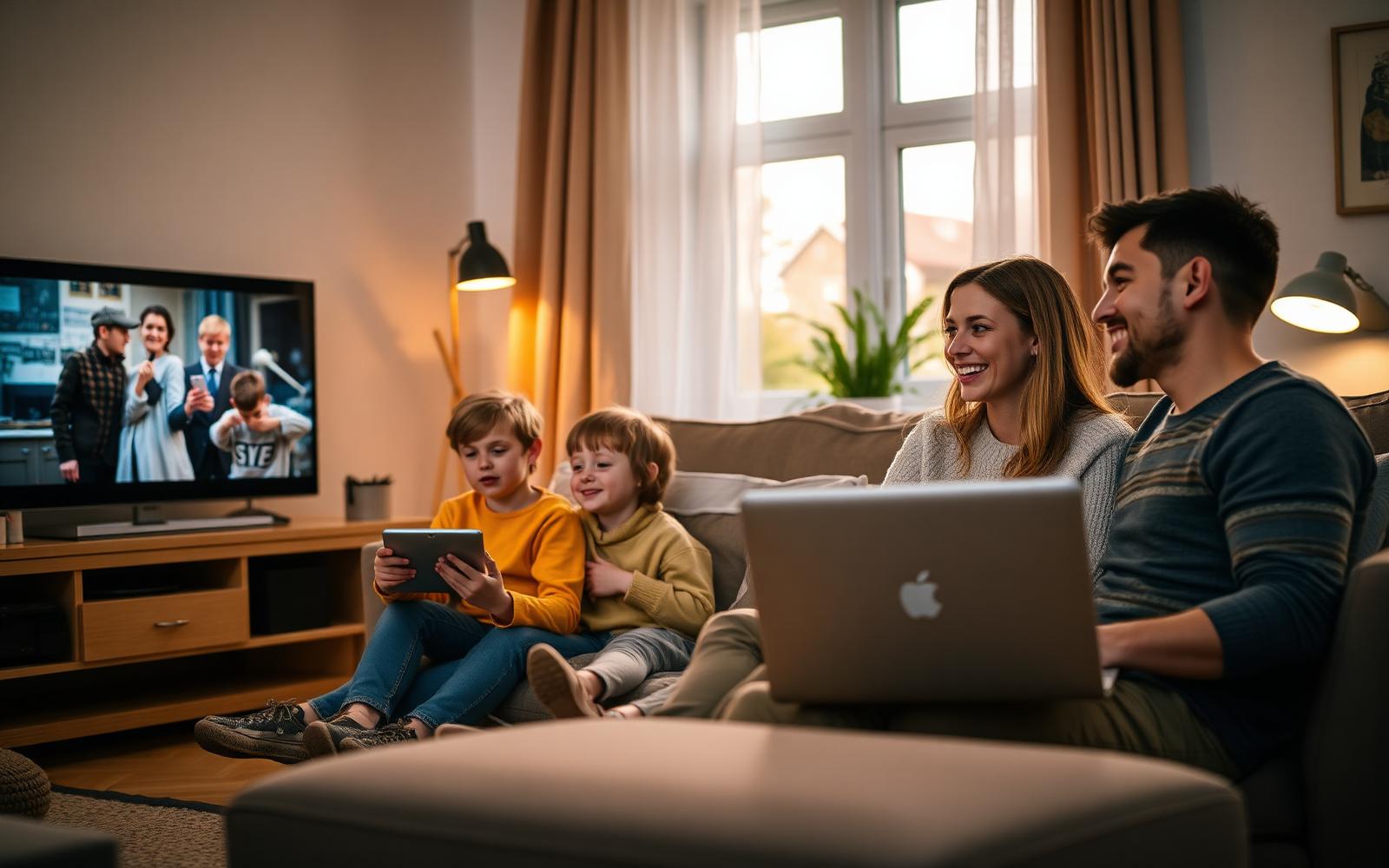 Familie in Wimpassing im Schwarzatale nutzt Glasfaser-Internet zuhause – TV, Tablet und Laptop laufen parallel